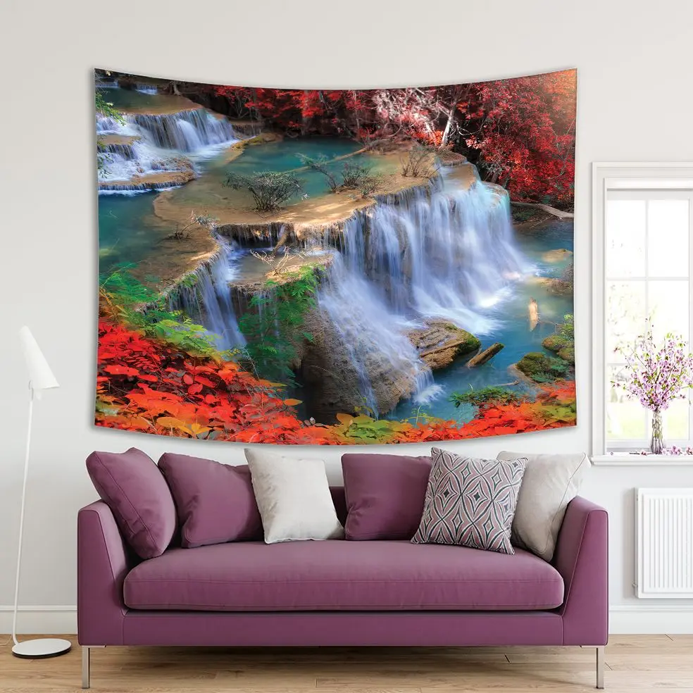 

Tapestry Huay Mae Kamin Waterfall in Autumn Forest Kanchanaburi Province Thailand Tropical Wild Nature Red Green Teal