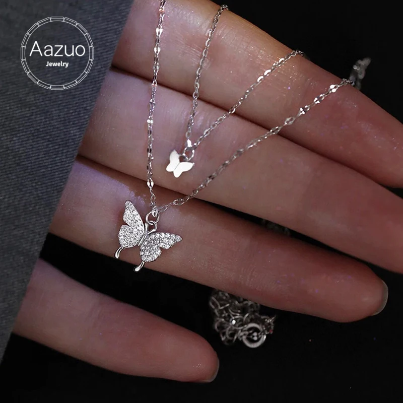 

Aazuo 18K Solid White Gold Real Natrual Diamonds Fairy Double Chain Butterfly Necklace Gifted for Women Wedding 18Inchs Au750