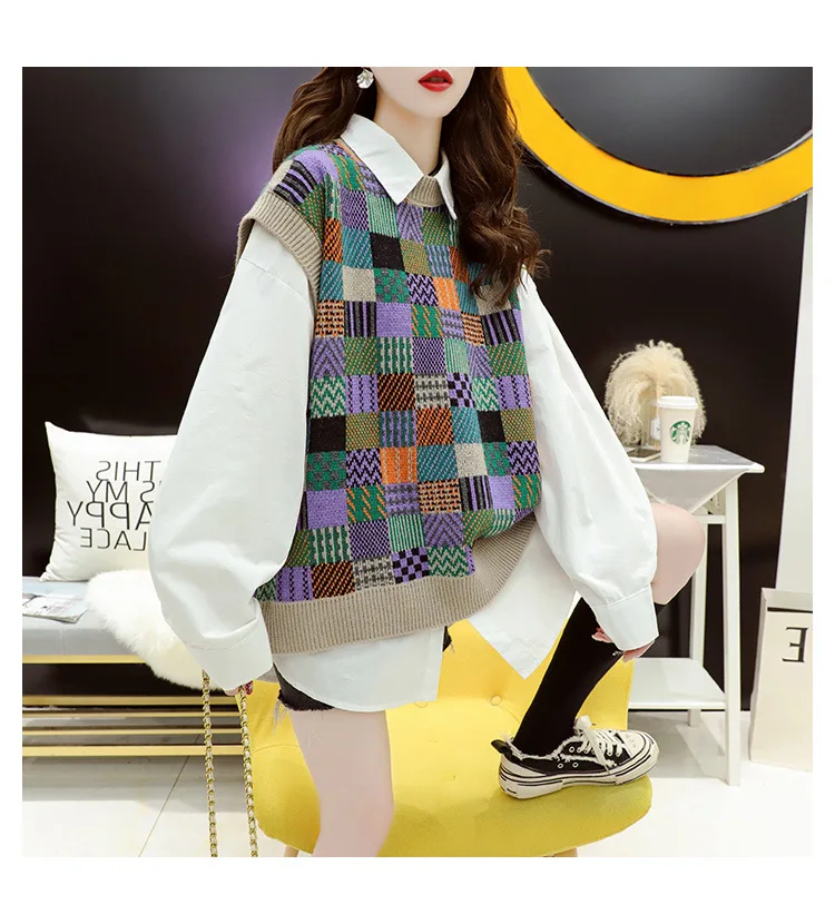 

Lattice Color Block Tank Top Knit Oversize Chic Women Sweater Vest