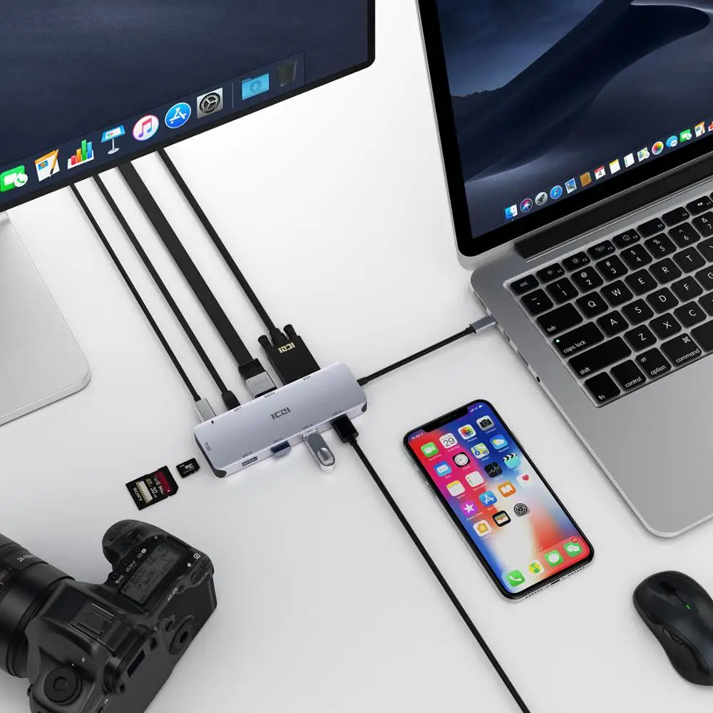 ICZI 10 в 1 USB C концентратор типа C до 4K HDMI VGA USB 3,0 кардридер Ethernet RJ45 преобразователь питания для MacBook samsung S10 S9 Huawei P30 P20 Mate 10 20