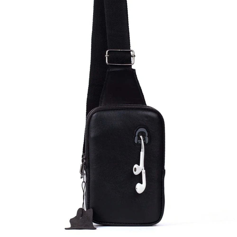 

Unisex Men Women Black Genuine Lambskin Leather Headphone Out Cross Strap Waist Shoulder Daily Travel Bag Bodybag