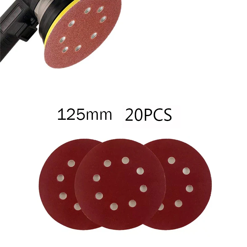 20pcs 5 Inch 125mm Red Round Shape Sanding Discs Hook Loop Paper Buffing Sheet Sandpaper 8 Hole Sander Polishing Pad Tools