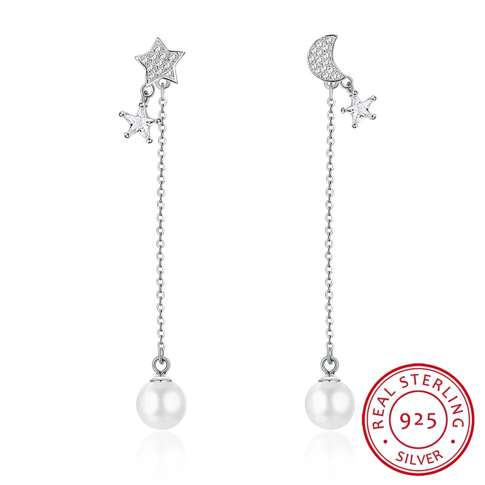 

Sterling Silver Star Moon Asymmetrical Pearl Sterling Silver Earrings