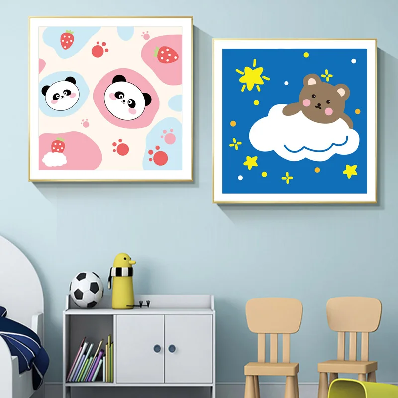 

Cute Simple Cartoon Pink Blue Panda Bear Stars Nordic Canvas Picture Prints Wall Art Poster Decor For Nursery Baby Girls Room