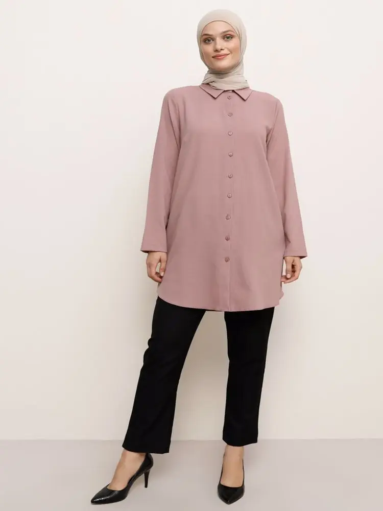

Buttoned Shirt Long Sleeve Tunic Tops Mold Simple Pointed Collar Comfortable Muslim Hijab Fashion 2021 Vintage Tops Summer
