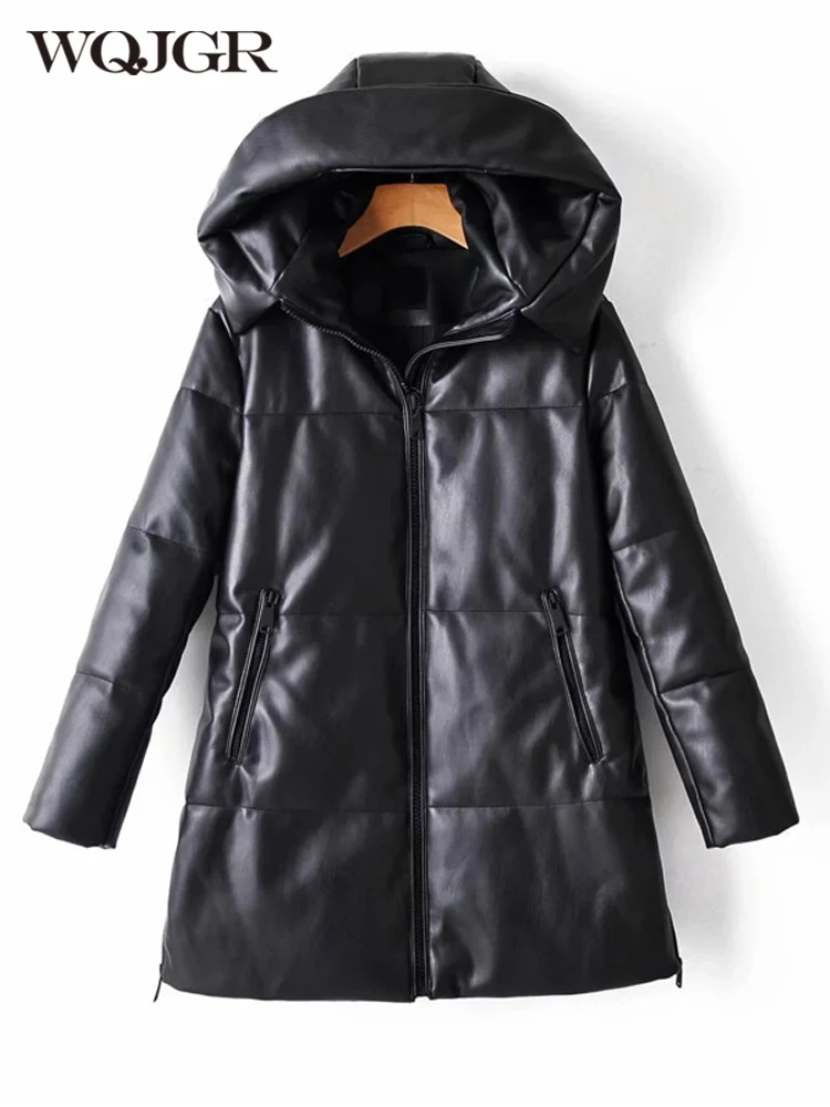Fashion New Winter PU Coats Women Cotton Wadded Hooded Jacket Medium-long Casual Parka Thickness Quilt Snow Outwear