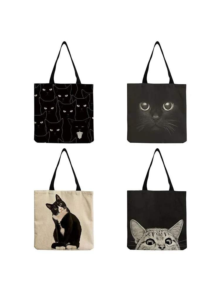 

Foldable Shopping Bags For Groceries Cute Black Cat Print Tote Bag for Women Personality School Traveling Shoulder Beach Bags