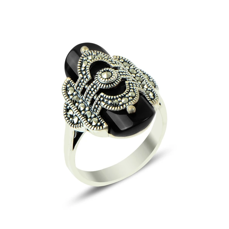 

Silver 925 Sterling Marcasite & Onyx Gemstone Ring