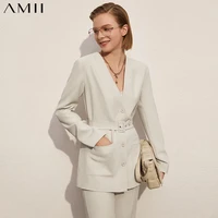 amii minimalism spring summer offical lady blazer women vneck single breasted belt coat women causal solid suit pants 12130012