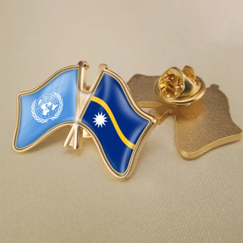 

United Nations and Nauru Crossed Double Friendship Flags Brooch Badges Lapel Pins