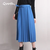 qooth 2022 spring casual elegant vintage skirt with belt midi pleated long skirts women solid fashion simple skirt qt158