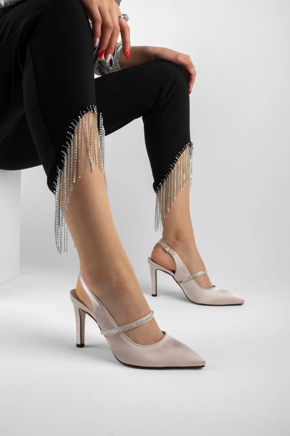 

Leroy with Stone for Women Satin Shoes New Season modern design high heel slingbacks stone detail elegant sexy women's fashion