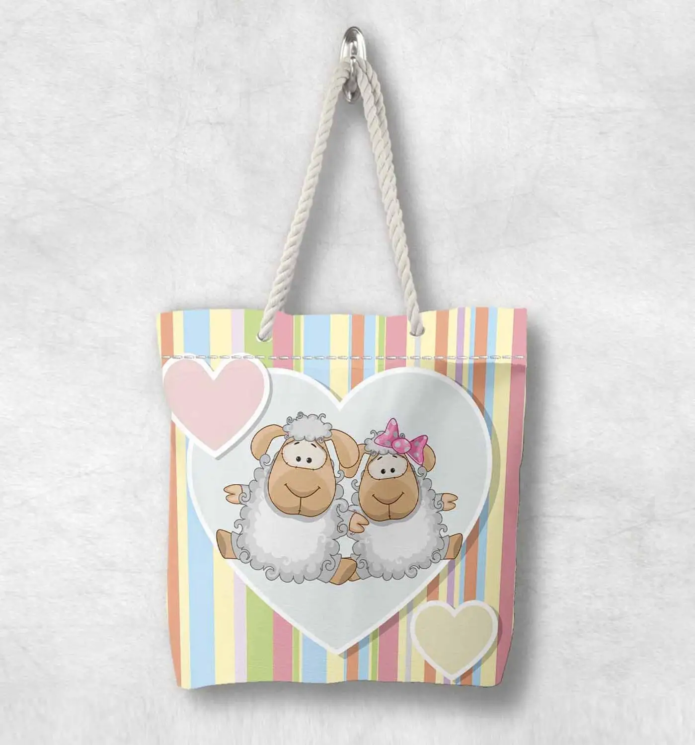 

Else Pink Yellow Blue Lines Cute Sweet Lamp Fashion White Rope Handle Canvas Bag Cartoon Print Zippered Tote Bag Shoulder Bag
