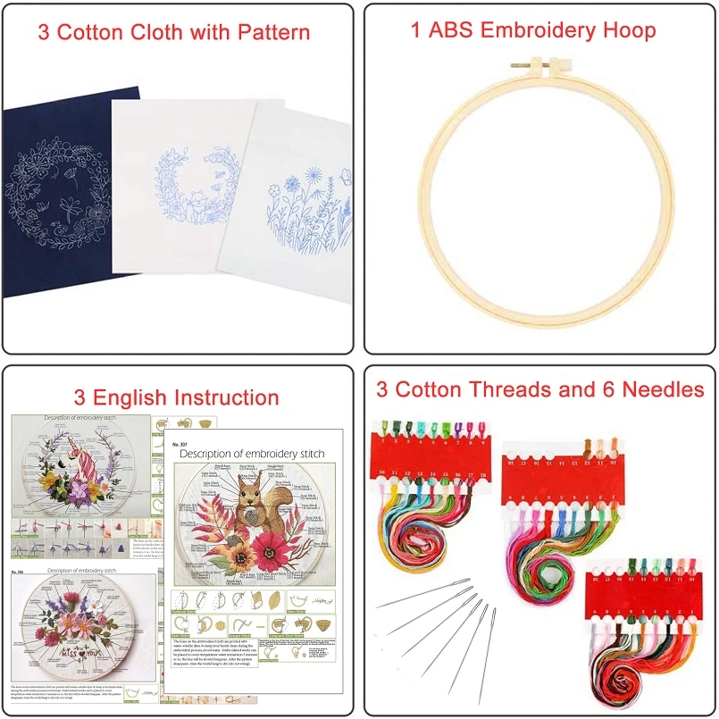 3 Pcs Spring Embroidery Starter Kit, 1 Hoop, Embroidery Clothes with Pattern, Color Threads and Tools, English Instructions