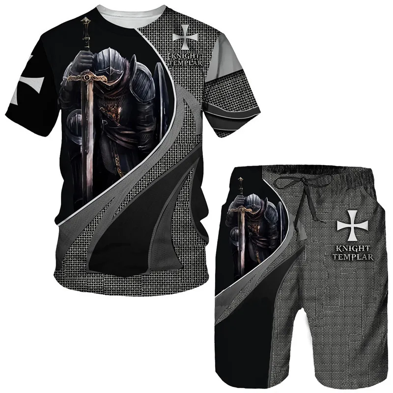 Knight Templar 3D Print Men's T-Shirt/Shorts/Suit Cool Short Sleeve Retro Style Streetwear Two Piece Set Summer Tracksuit Outfit