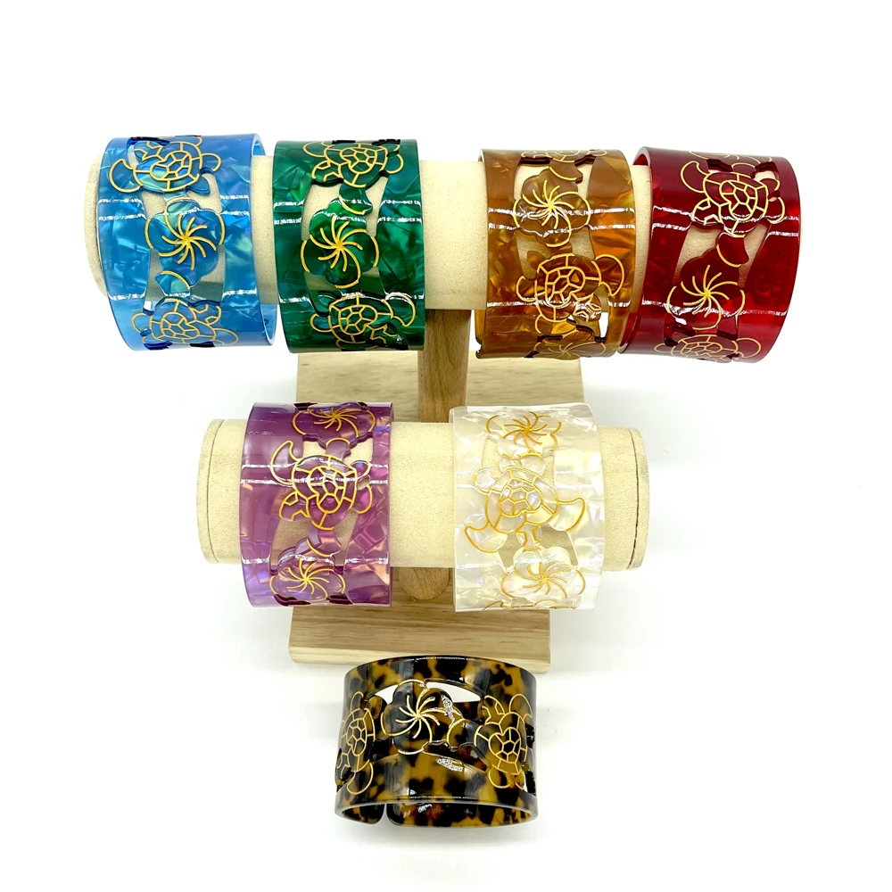 

New Fashion Acrylic Tortoise Shell Cuff Bracelet Bangles With Flower Tribals Carved Styles Hawaiian Samoan Pacific Styles