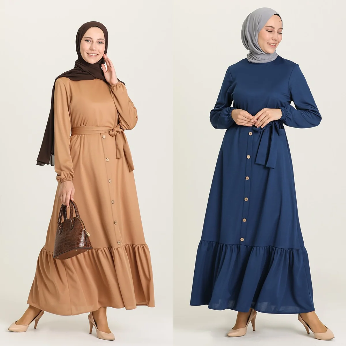 

Button Detailed Pleated Dress Belted Long Sleeve Zippered Unlined Seasonal Winter Women Muslim Hijab Turkey Istanbul Islamic