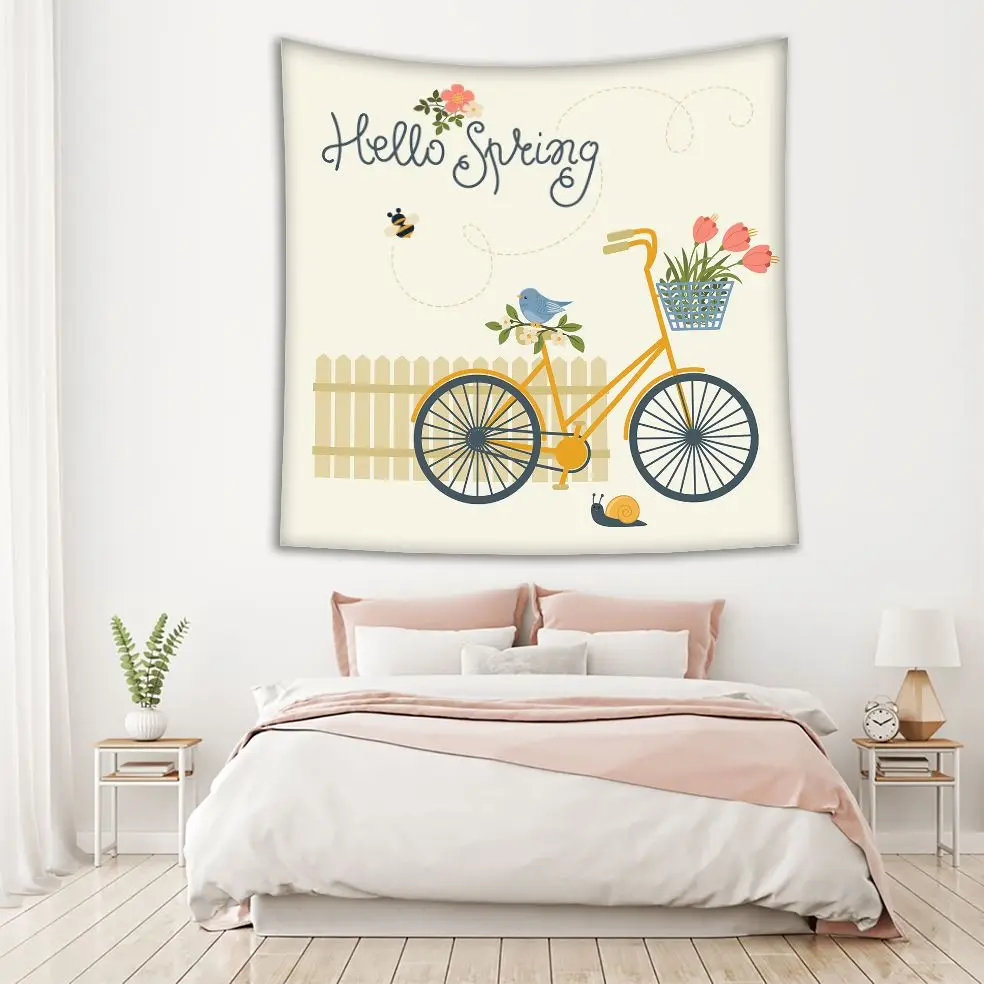 Гобелен велосипед цветы птица пчела улитка и забор &quotHello Spring&quot Весенняя тема