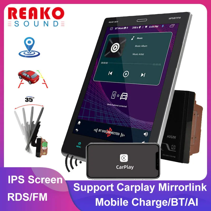 

REAKOSOUND 2 Din 9.5" HD Car Radio with Carplay Adjustable 35° Multimedia Player For VW Nissan Toyota Hyundai Ford Audi Benz