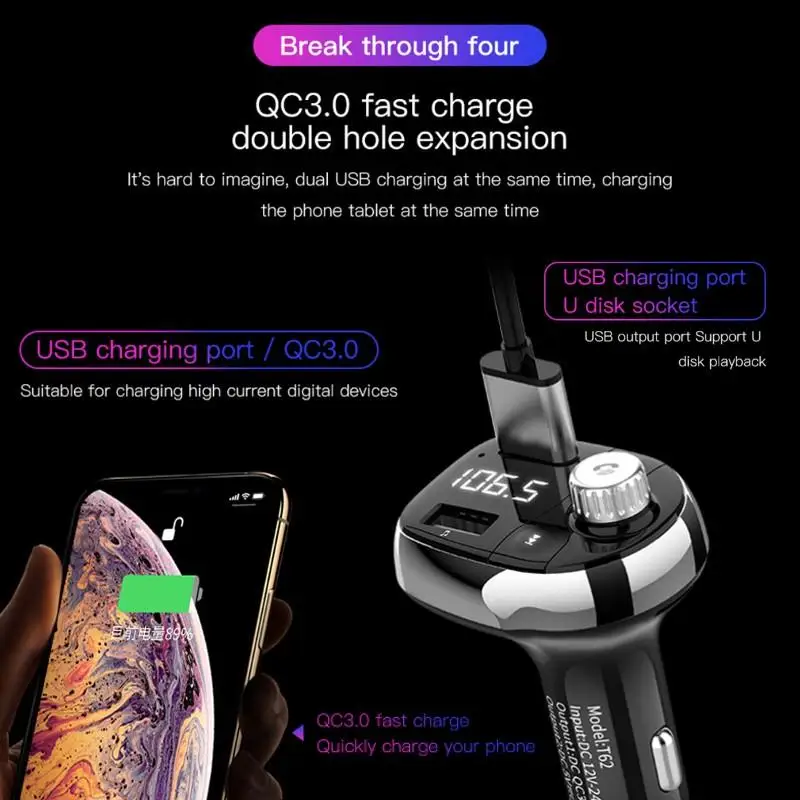 Автомобильный FM-передатчик QC3.0 Bluetooth стерео MP3-плеер светодиодный дисплей монитор
