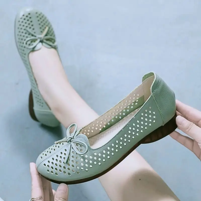 Green Womens Flats Bow Knot Women's Loafer Cut Out Summer Breathable Slip On Shoes Woman Flats Comfortable Shallow Mom Shoes