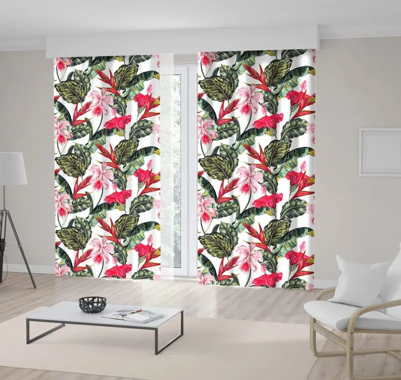 

Curtain Floral Tropical Pattern with Exotic Flowers Palm Leaves Hawaiian Jungle Nature Theme Artwork Red Green