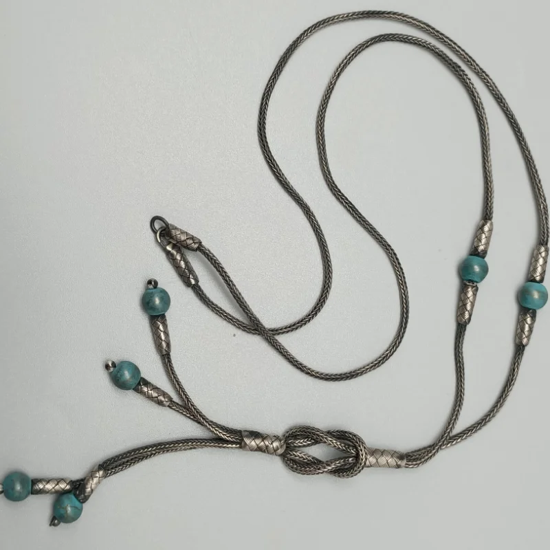 

Trabzon Kazaz Necklace hand-knitted oxidized 1000 sterling silver with the pendant with the beaded tassels with turquoise stones