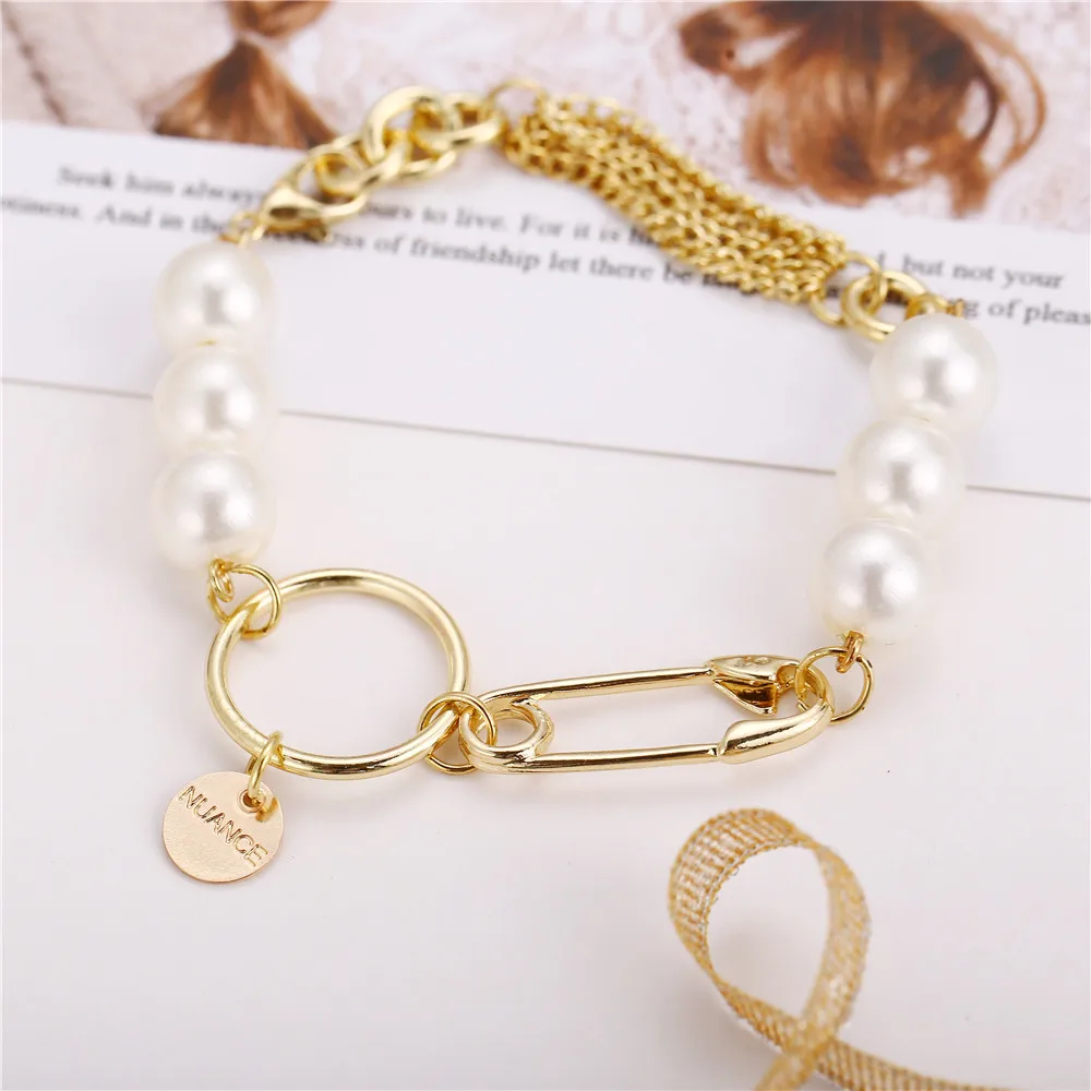 Gold Color Baroque Pearl Metal Link Chain Bracelet Fashion Portrait Coin Paper Clip Charm for Women Pulseras Mujer 2020 | Украшения и