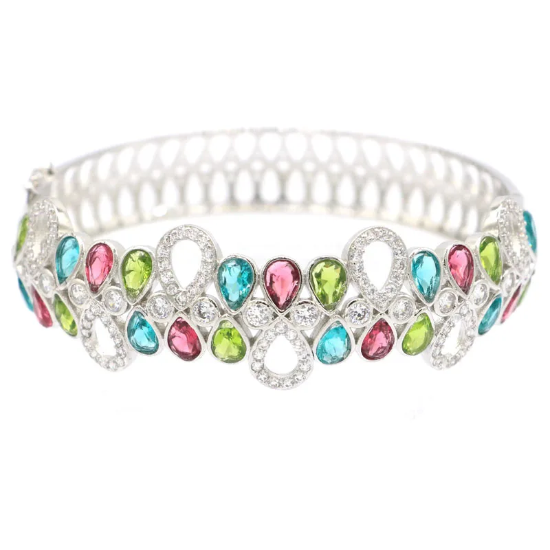 

68x20mm Multi Color 23g Created Garnet Peridot Aquamarine CZ Silver Bangle Bracelet 8.5inch