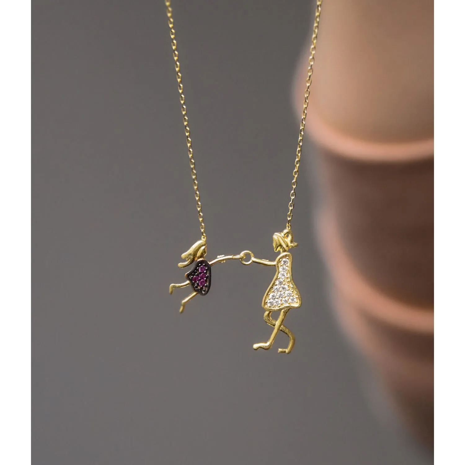 

925 Sterling Women's Mother and Daughter Model Gold Plated Necklace Don 'T Tarnish Made Turkey HBV000019TL3T