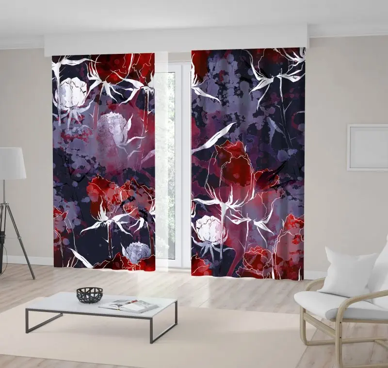 

Curtain Roses Watercolor Paint Splashes Fading Flowers Creative Artwork Printed White Red Blue White
