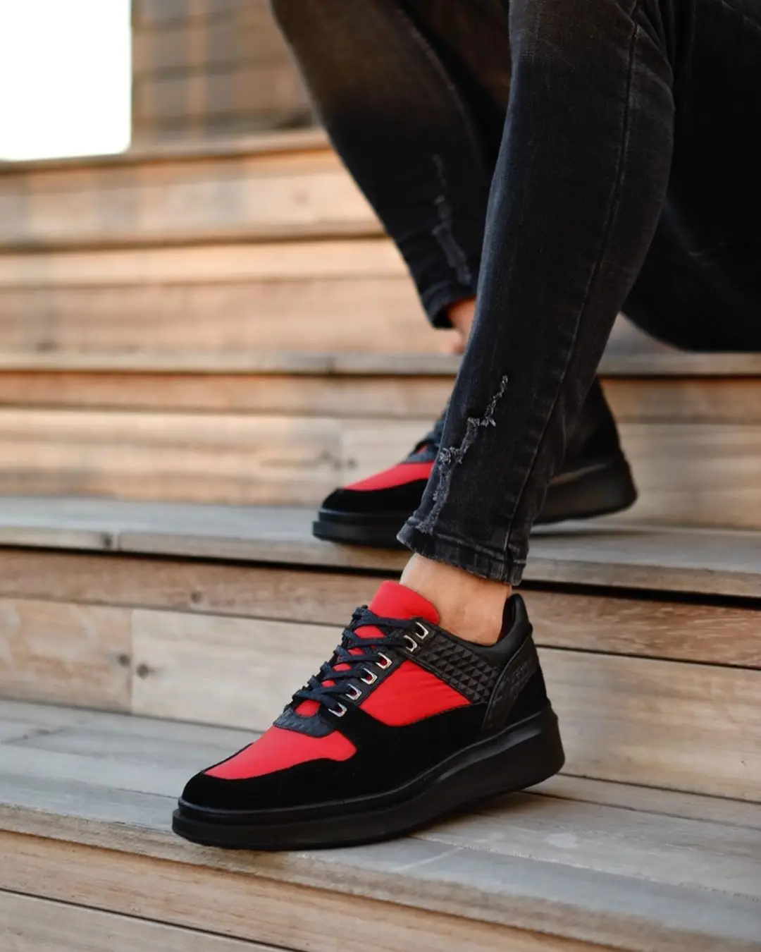 

100% Genuine Leather Casual Style Man Shoes Handmade Comfortable Durable-13698 BLACK AND RED