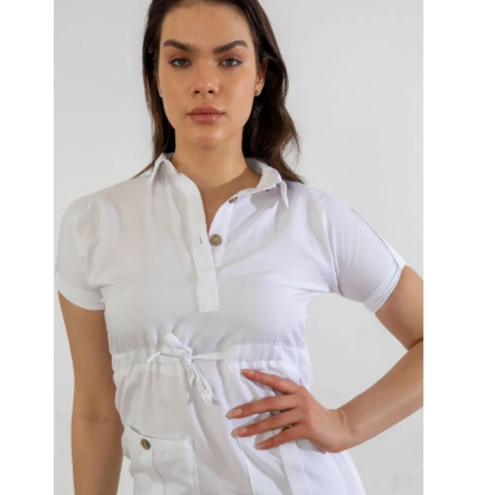 Платье с плиссированной талией Женское белое платье коротким рукавом Элегантный