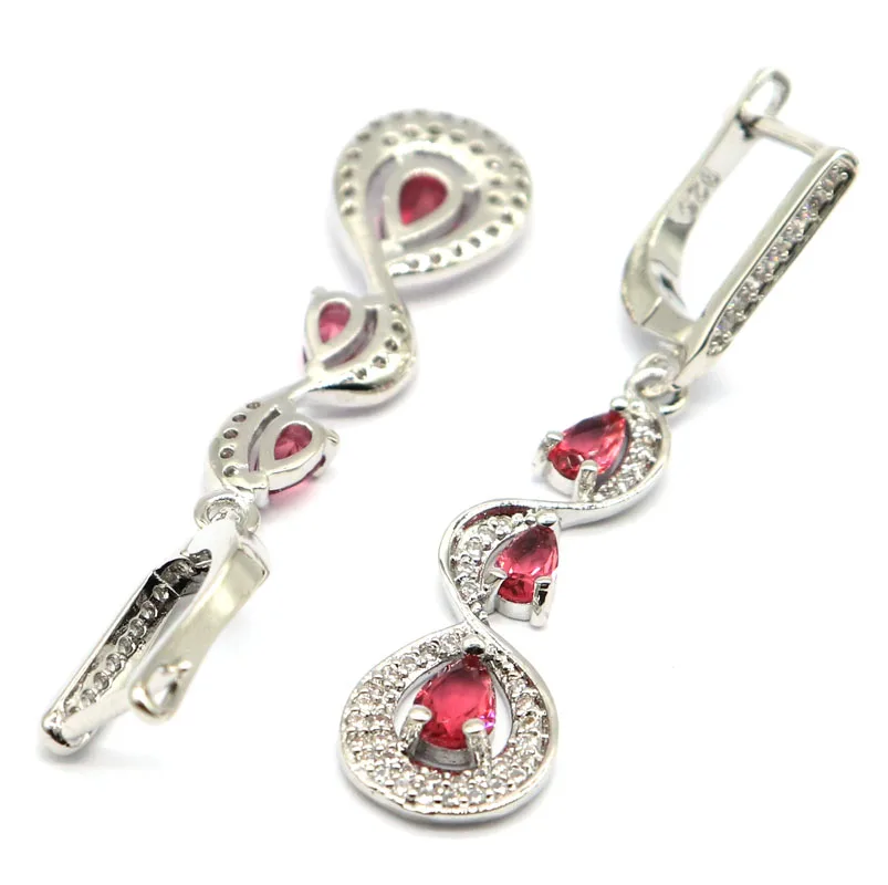 Длинные серьги SheCrown из розового турмалина с аквамарином и белым фианитом для