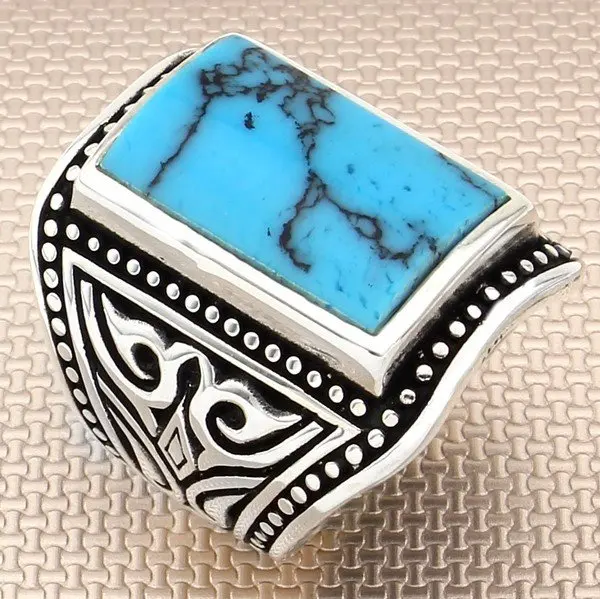 

Большое прямоугольное синее необработанное бирюзовое мужское серебряное кольцо, Сделано в Турции, однотонное искусственное серебро