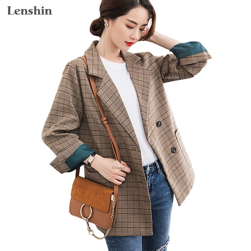 Женский винтажный Блейзер Lenshin свободная Толстая клетчатая куртка в английском