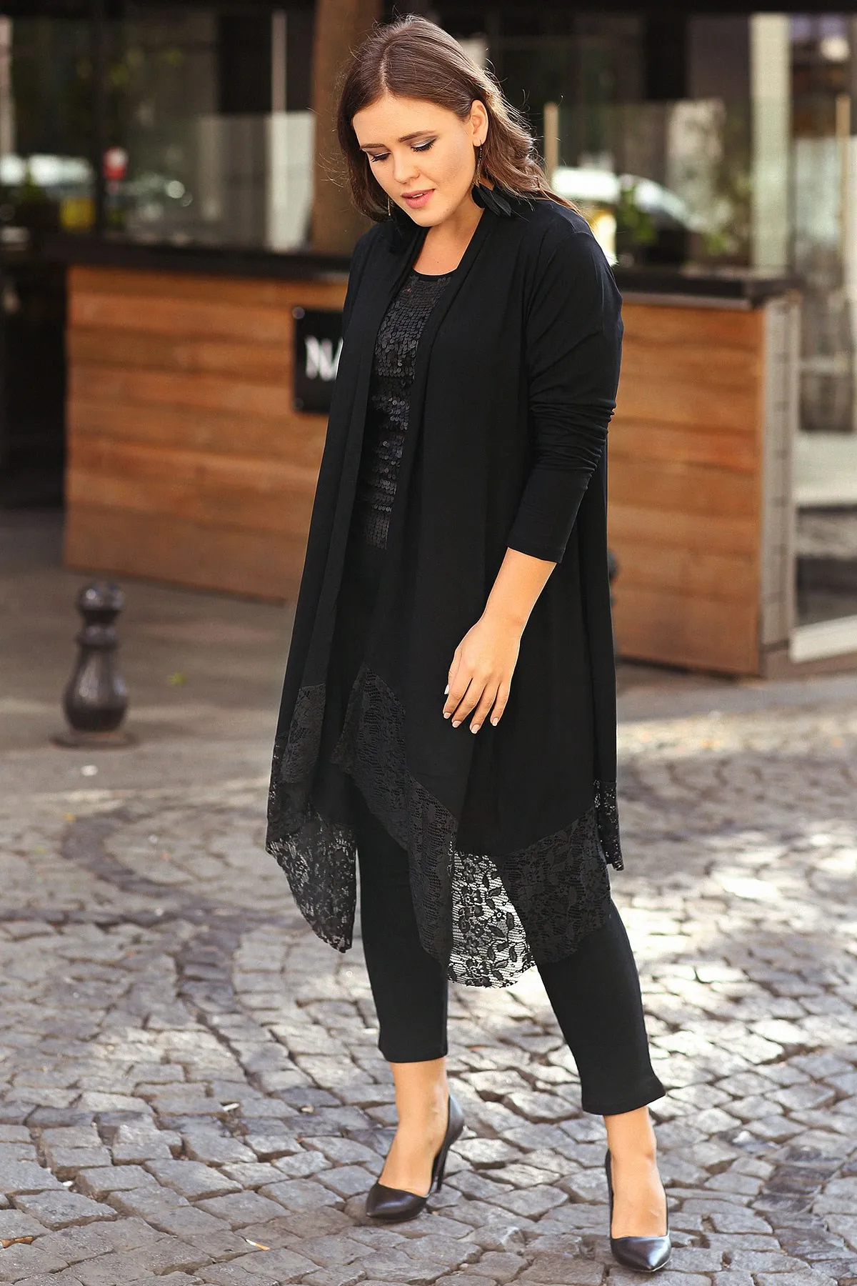 New Season Fashion Plus Size Lace Detailed Long Slevee Cardigan Natural Viscose Soft Elastic Fabric