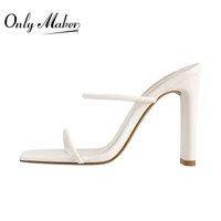 onlymaker slip on shoes square open toe summer women high heels matte white narrow band comfortable big size sandals