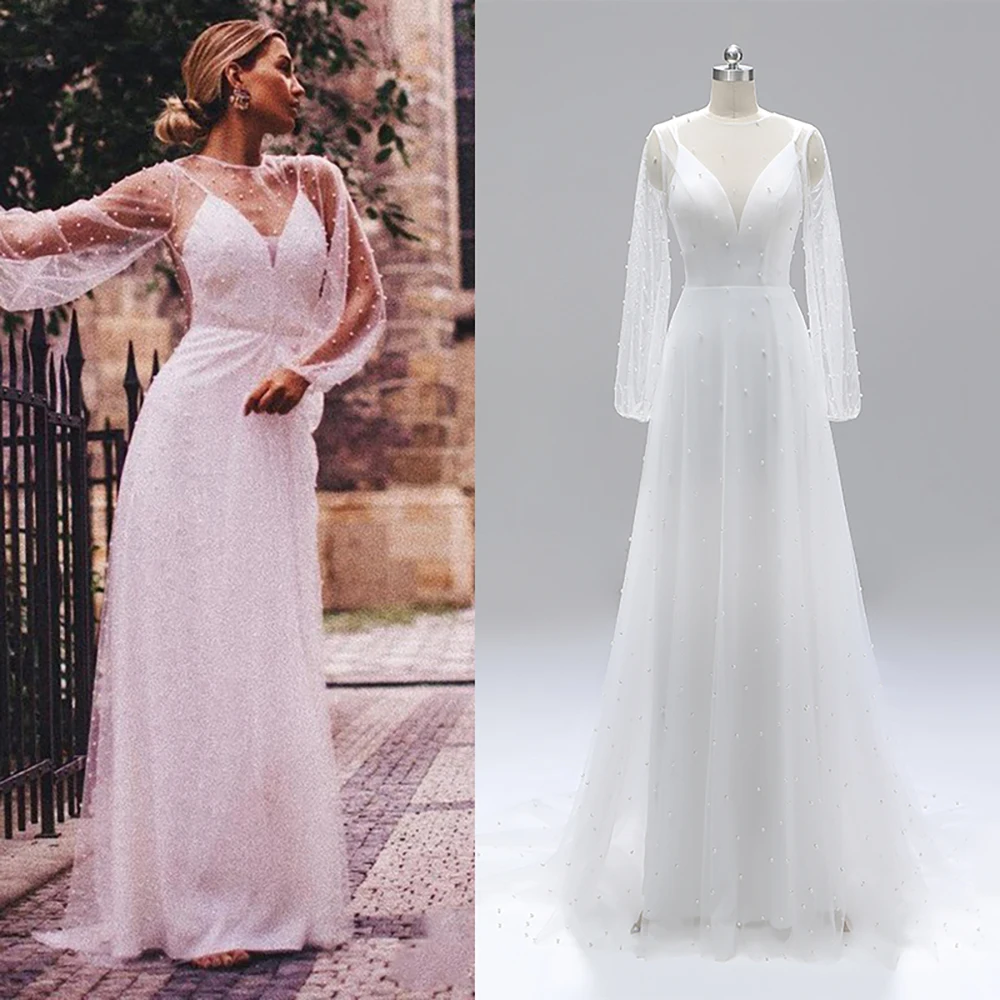 Женское свадебное платье из фатина белое с длинным рукавом V-образным вырезом и