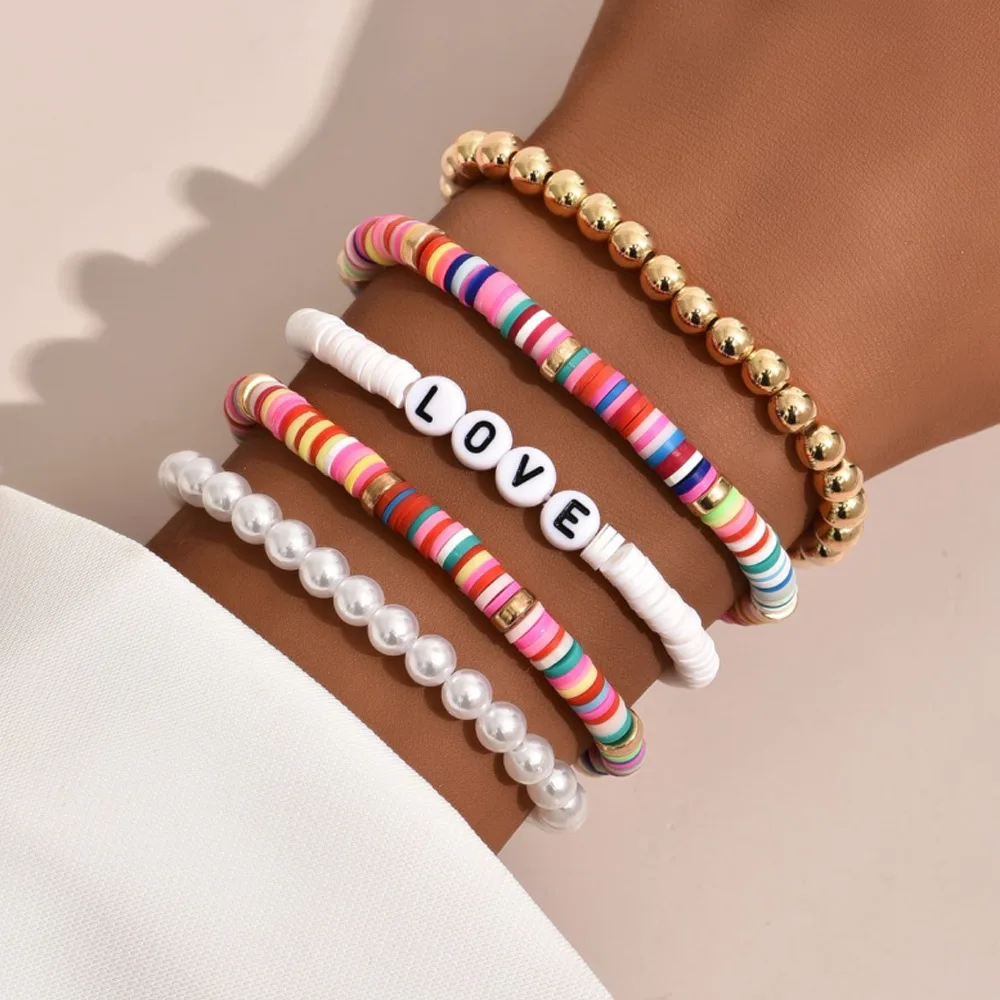 

5Pcs/set Bohemia Colorful Love Combination Bracelet Sets For Women Imitate Pearl Elastic Force Polymer Clay Charm Chain Bracelet