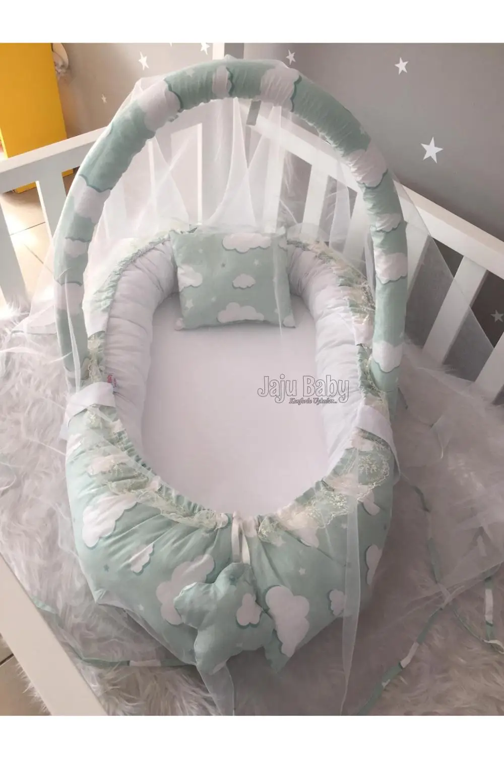 Jaju Baby Handmade Green Cloud Patterned Mosquito Net and Toy Apparatus Luxury Design Babynest Mother Side Portable Baby Bed