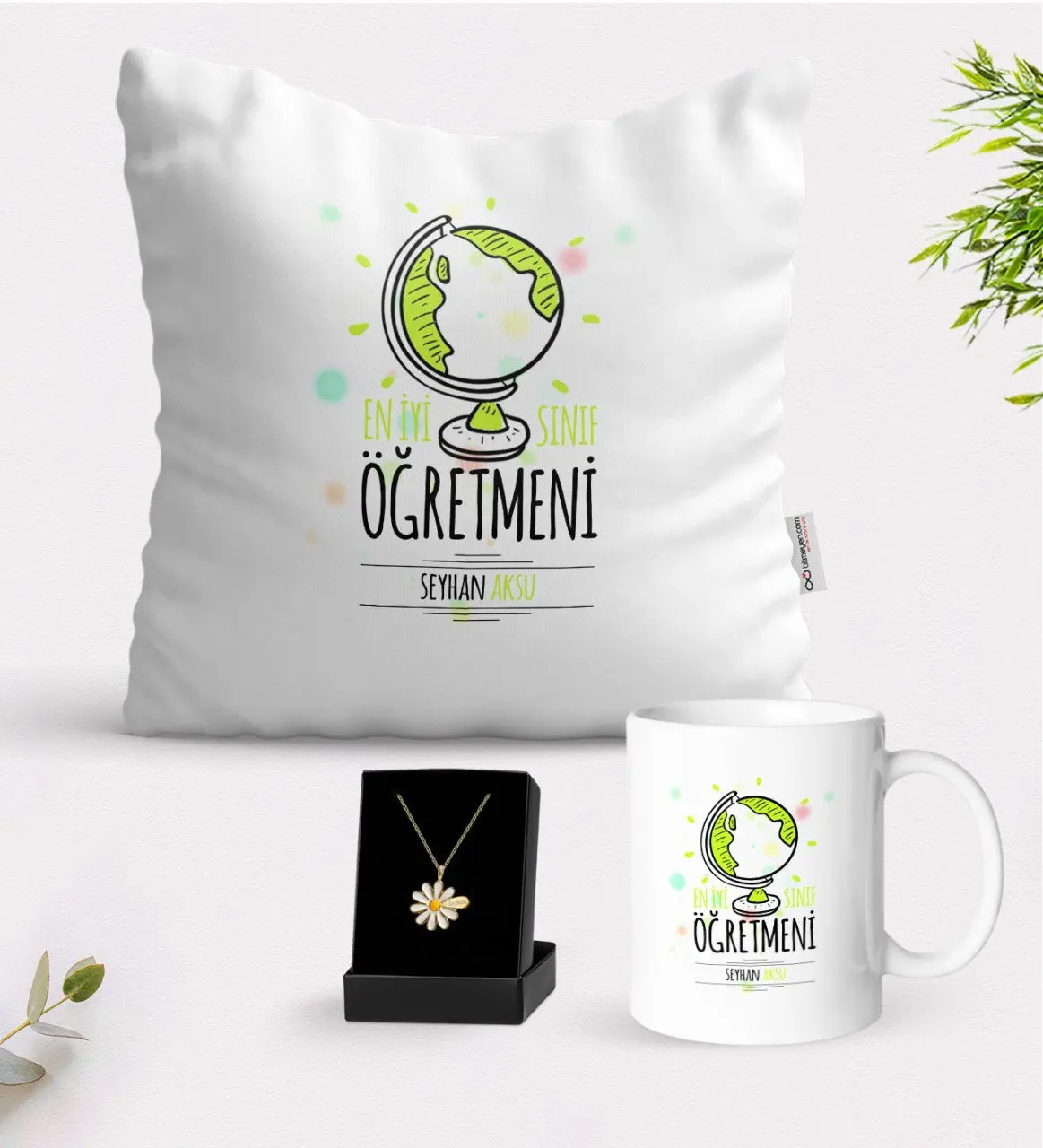 

Персонализированные лучший Класс учитель белая кружка Подушка и ожерелье Маргаритка подарок Seti-3