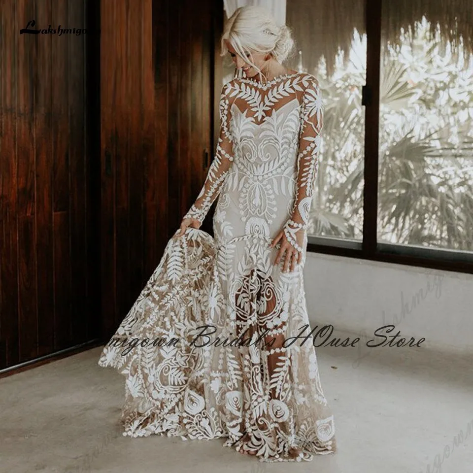 

Lakshmigown Vestido Vintage Lace Boho Long Sleeve Wedding Dress 2022 Civil Bridal Champagne Mermaid Wedding Gowns Open Back