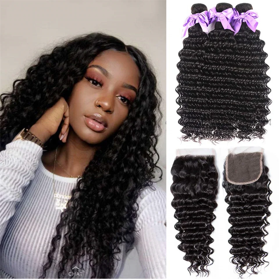 Deep Wave Bundles With Closure Remy Human Hair Bundles With Closure Nature Color 3 Bundles Brazilian Hair With Closure