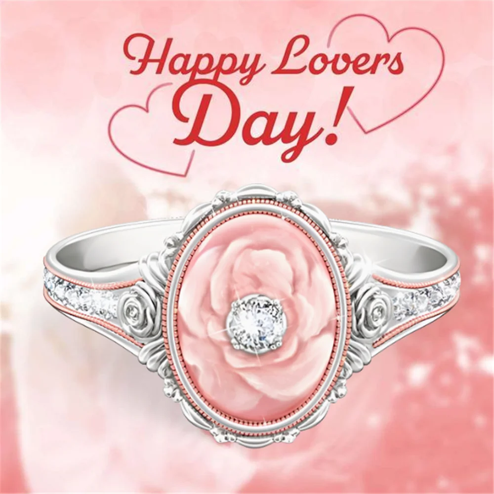 

Exquisite Pink Rose Flower Rhinestone Ring Fashion Women Ring Engagement Wedding Ring Romantic Valentine's Day Anniversary Gifts