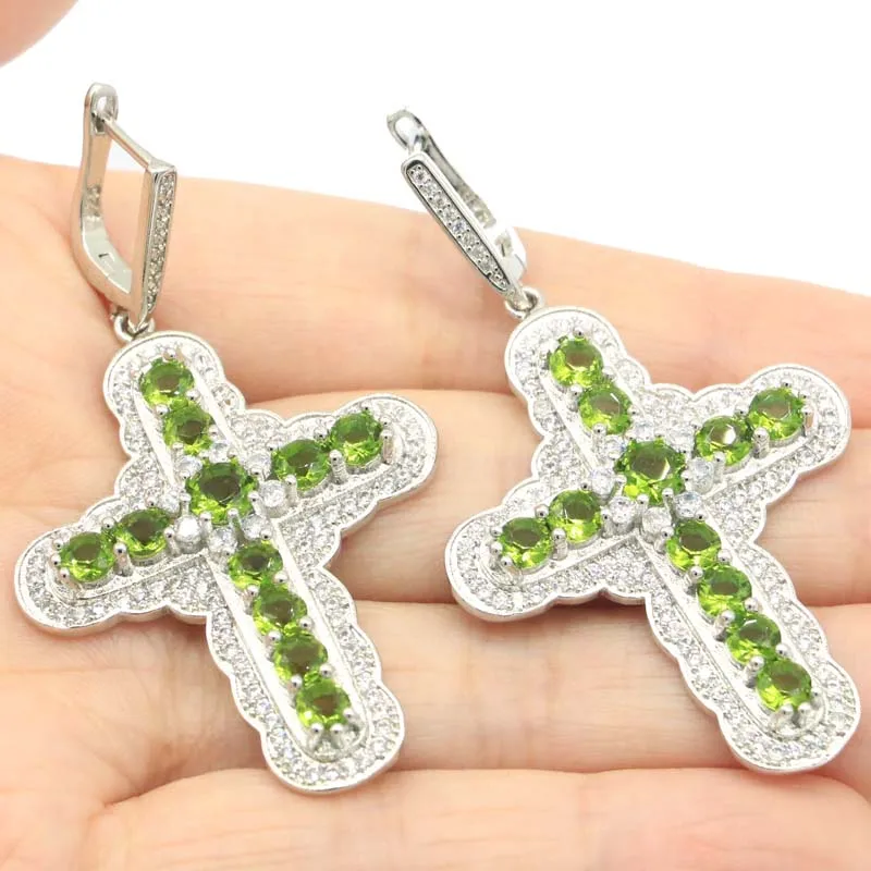 

58x33mm Gorgoeus Long Big Cross 20g Green Peridoit White Sapphire Women Gift Silver Earrings Wholesale Drop Shipping