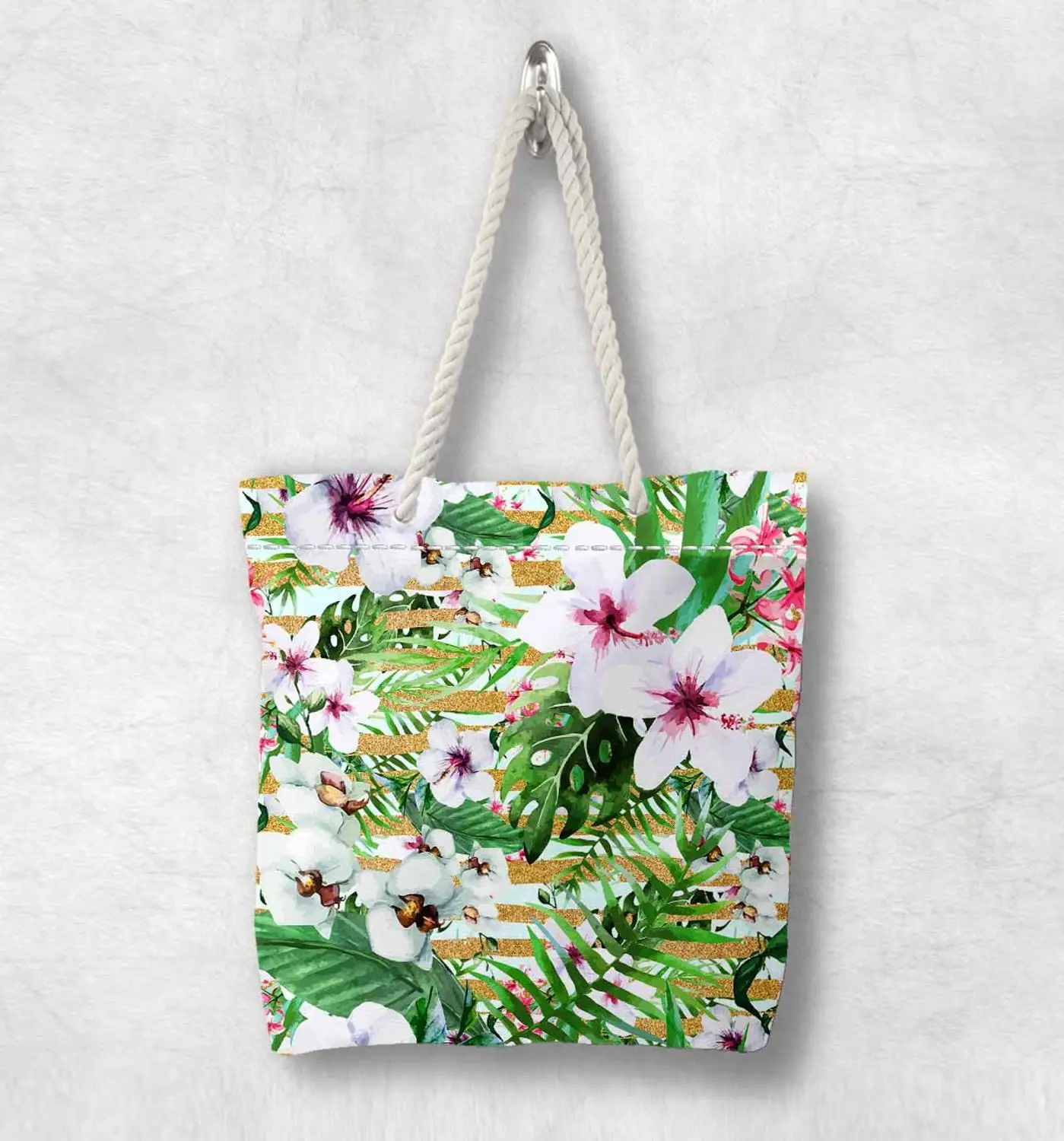 

Else Tropical Green Leaves Purple White Flower Fashion White Rope Handle Canvas Bag Cotton Canvas Zippered Tote Bag Shoulder Bag
