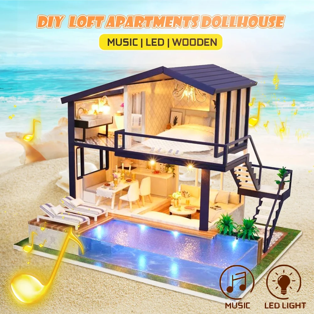 

DIY Dollhouse Wooden Miniature Doll House Apartment With Swimming Pool Kit Furniture Casa Music Led Toys Children Birthday Gifts