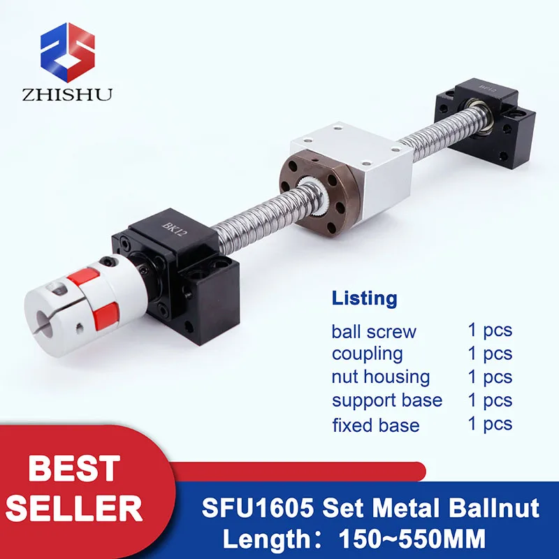 

CNC Ball Screw Set SFU1605 150MM - 550MM Metal Inverter Screw Nut BK12 BF12 C5 C7 End Support Nut Housing Coupler CNC Router Kit