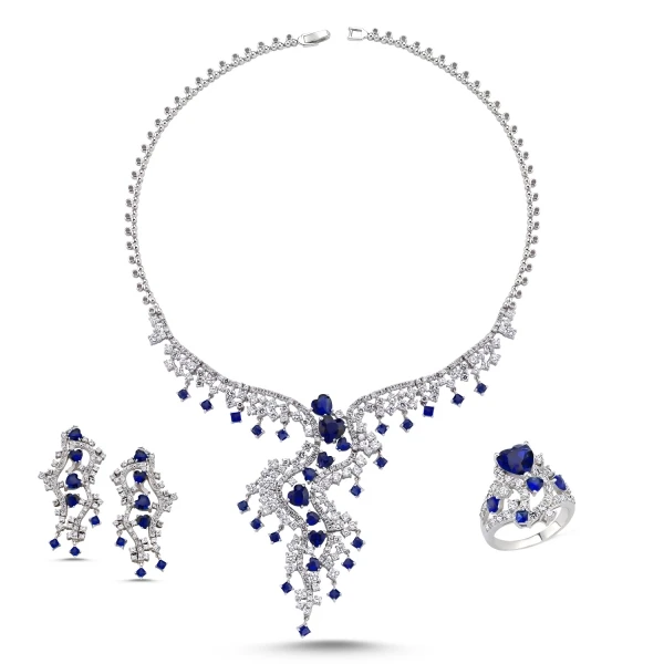

Silver 925 Sterling Sapphire Blue Zircon Stone Necklace, Bracelet, Ring and Earrings Set